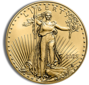 A gold coin with the image of an eagle on it.