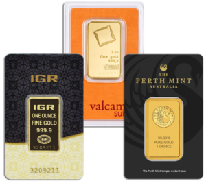 Three different gold bars are shown in a variety of packaging.