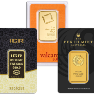 Three different gold bars are shown in a variety of packaging.