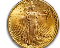 A gold coin with the image of a woman on it.